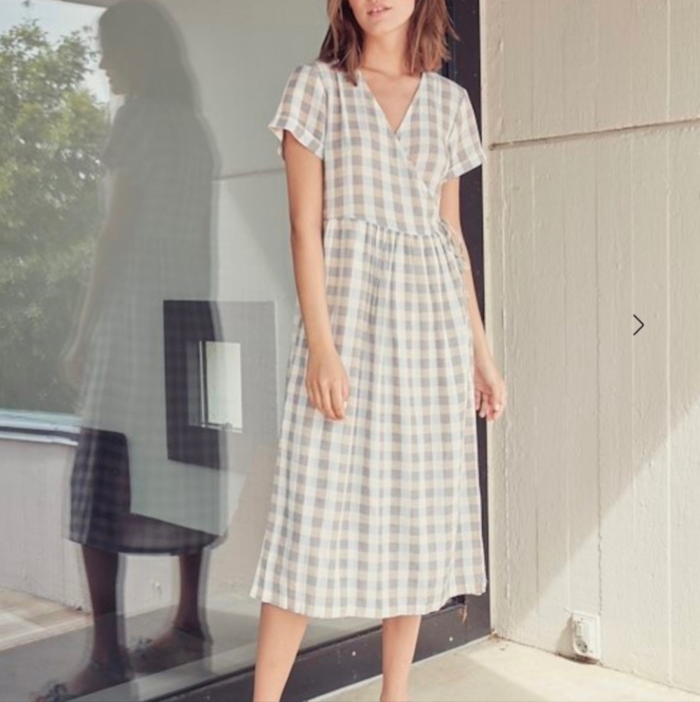 Ichi blue and tan plaid wrap dress